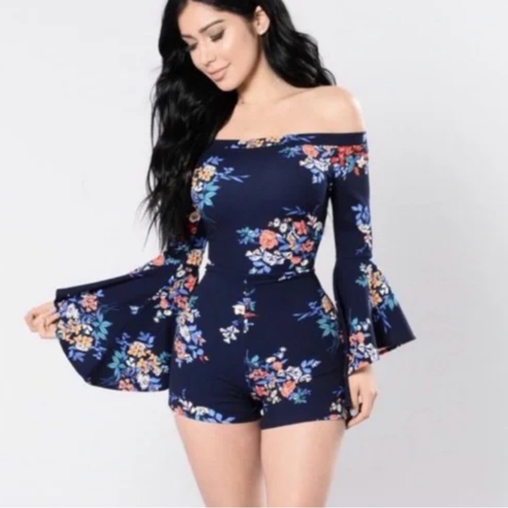 Fashion nova floral off the shoulder navy romper